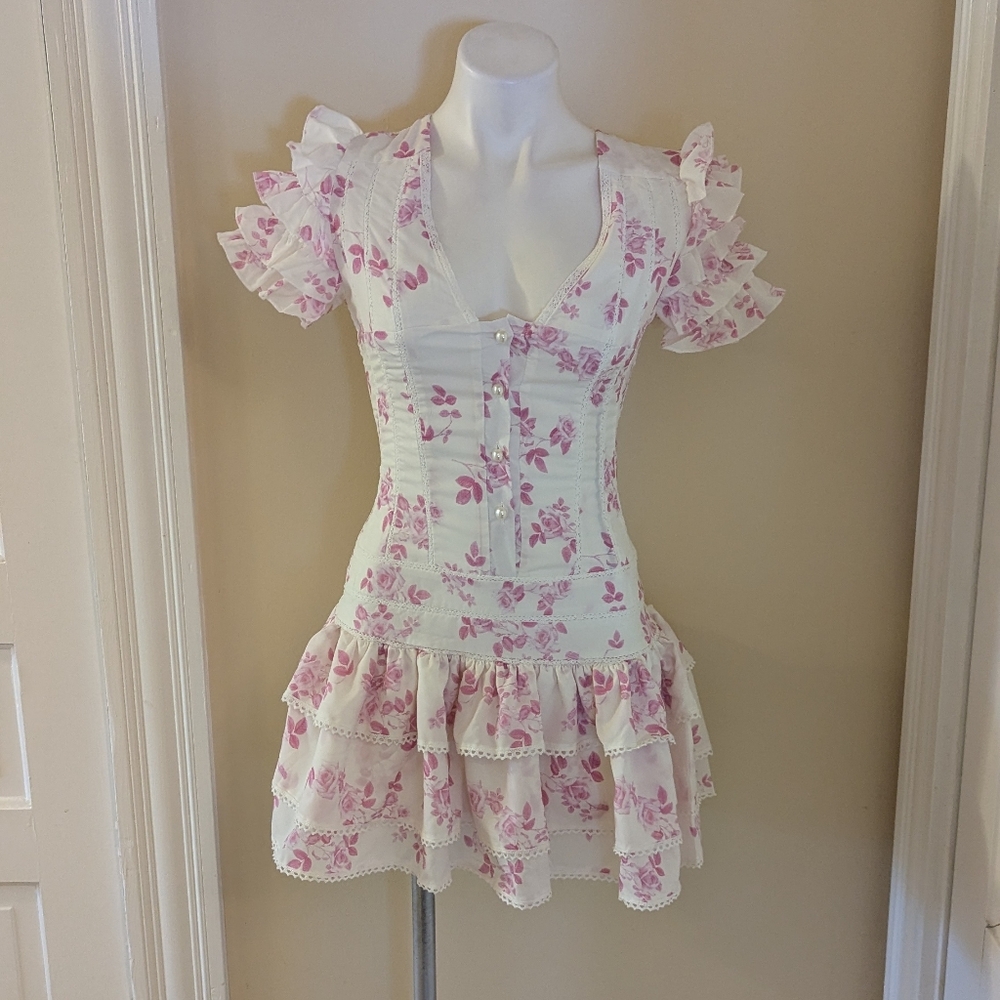 Pink and White Floral Drop Waist Ruffle Mini Dress